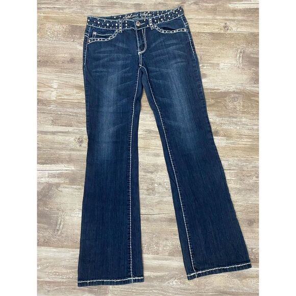 Miss Chic Boot Cut Jeans Rhinestone Studded Flap Pocket Women’s Junior’s Sz 9 - Picture 1 of 9